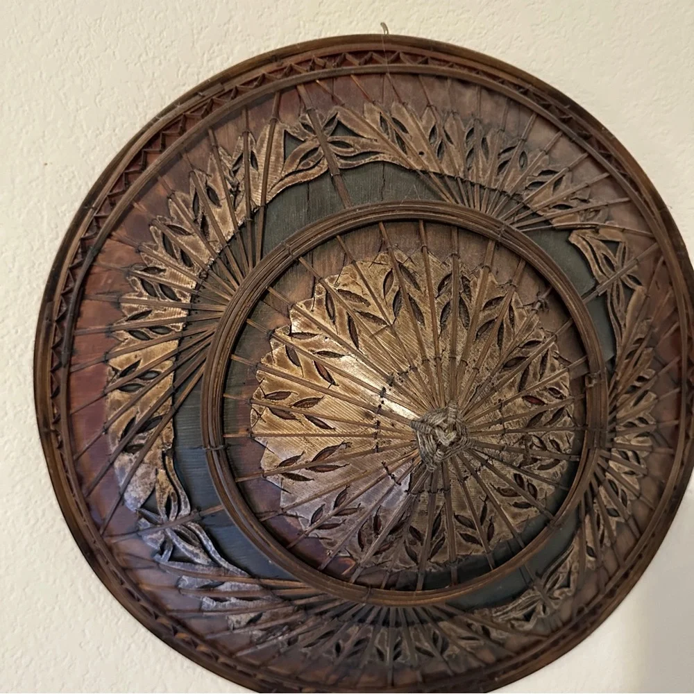 Antique Asian Conical Hat Non La Woven Bamboo Carved Wood Decorative‎ Art